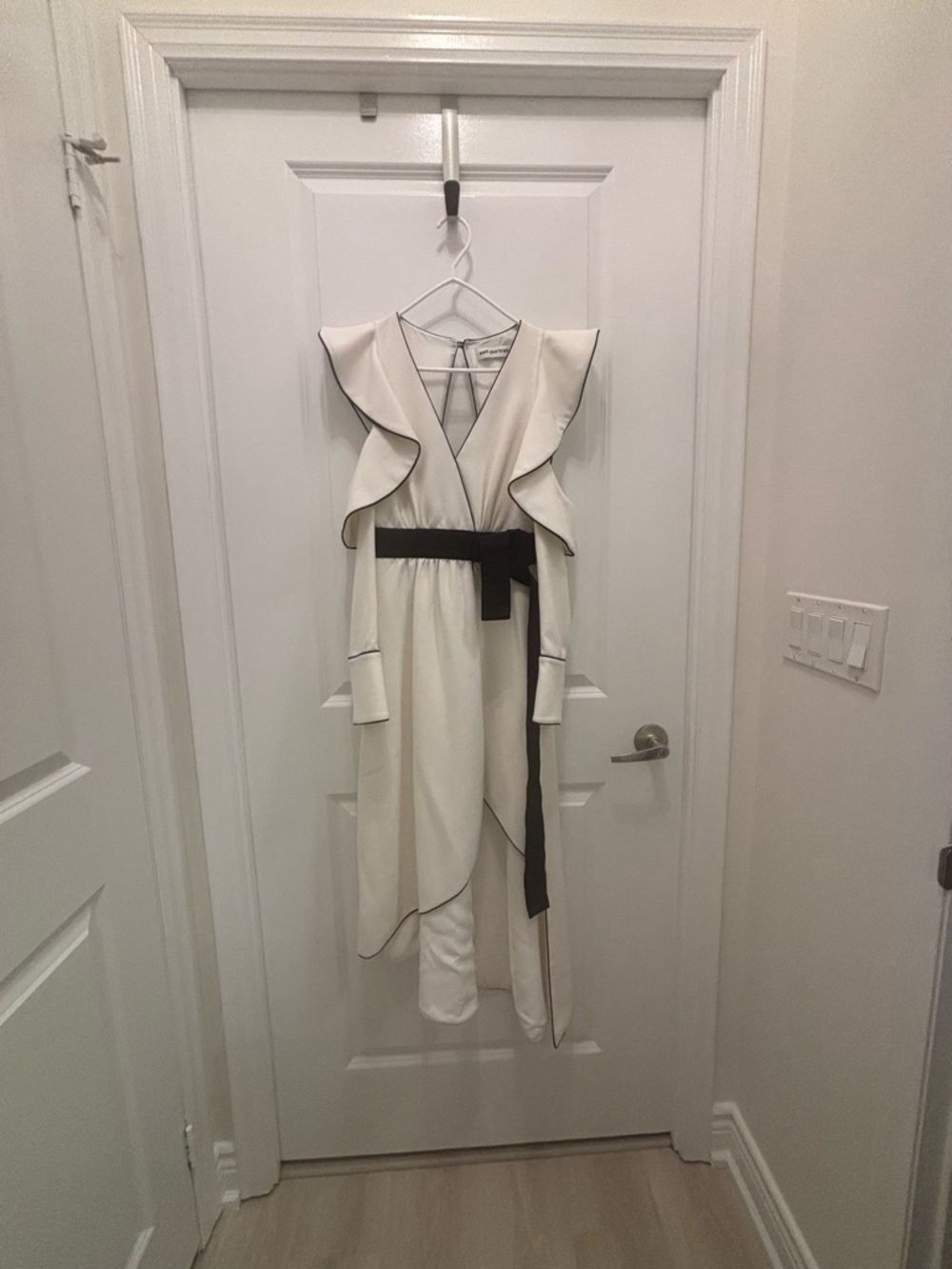 Self-Portrait Cream Asymmetrical Ruffle Dress with Black Belt